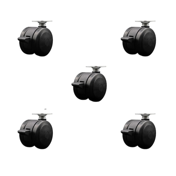 2'' Black Floor Safe Twin Wheel Casters with Brakes Top Plate, 5PK